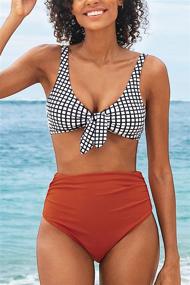 img 2 attached to Gorgeous Gingham: CUPSHE Women's High Waisted Bikini Swimsuit with Knot Detail - A Flattering Two Piece Bathing Suit