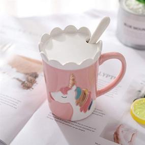 img 1 attached to Cute Ceramic Unicorn Mug: Funny Coffee Mug with Lace Lid 🦄 and Spoon for Kids, Women, Girls - Perfect Pink Milk Tea Cup!