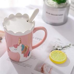 img 2 attached to Cute Ceramic Unicorn Mug: Funny Coffee Mug with Lace Lid 🦄 and Spoon for Kids, Women, Girls - Perfect Pink Milk Tea Cup!