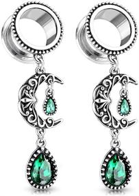 img 4 attached to 🌙 Exquisite Vintage Filigree Moon Dangling Plugs with Vibrant Green Stone: Sold as a Pair