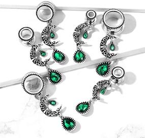 img 1 attached to 🌙 Exquisite Vintage Filigree Moon Dangling Plugs with Vibrant Green Stone: Sold as a Pair