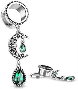 img 3 attached to 🌙 Exquisite Vintage Filigree Moon Dangling Plugs with Vibrant Green Stone: Sold as a Pair