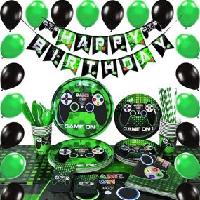 img 4 attached to WERNNSAI Video Game Party Supplies: Ultimate Gaming Theme Decorations for Boys Birthday Party - Cutlery Bag, Table Cover, Plates, Cups, Napkins, Straws, Utensils, Birthday Banner, Balloons - Serves 16 Guests with 169 PCS