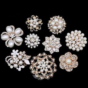 img 2 attached to 💎 Elegant Set of 9 Rose Gold-Tone Rhinestone Brooches with Big Pearl Crystals for Wedding Bouquets - eGlomart Lot