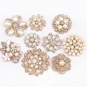 img 3 attached to 💎 Elegant Set of 9 Rose Gold-Tone Rhinestone Brooches with Big Pearl Crystals for Wedding Bouquets - eGlomart Lot