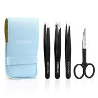 premium stainless steel eyebrow tweezers set - 4pcs, exceptional precison for eyebrow shaping and ingrown hair removal. includes 3pcs tweezers and 1pc curved eyebrow scissor, complete with stylish blue leather case. logo