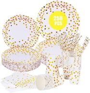 🍽️ 250 pcs disposable paper plates set - gold dot party supplies, includes dinner plates, dessert plates, 9oz cups, napkins, straws for birthday party, wedding, baby shower, halloween - serves 50 guests logo