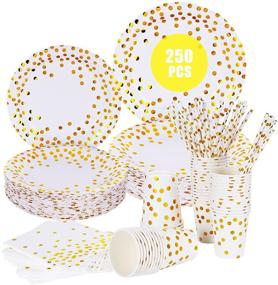 img 4 attached to 🍽️ 250 PCS Disposable Paper Plates Set - Gold Dot Party Supplies, Includes Dinner Plates, Dessert Plates, 9oz Cups, Napkins, Straws for Birthday Party, Wedding, Baby Shower, Halloween - Serves 50 Guests