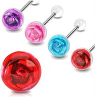 🌹 zaya body jewelry set of 4 steel rose flower tongue rings barbells in red, blue, pink, and purple, 14g gauge, 5/8 inch logo