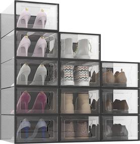 img 3 attached to 📦 Clear Plastic Stackable Shoe Storage Box - 12 Pack, Closet Organizer for Shoe Sneakers, X-Large Foldable Containers Bins Holders, Space Saving Design Fits Size 14 Shoes (Black)