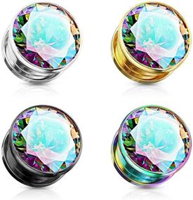 img 1 attached to Pierced Owl Stainless Steel Aurora Borealis Gem Screw Fit Plug Gauges (Pair) - Dazzle with Bezel Set Jewelry!