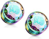 pierced owl stainless steel aurora borealis gem screw fit plug gauges (pair) - dazzle with bezel set jewelry! logo