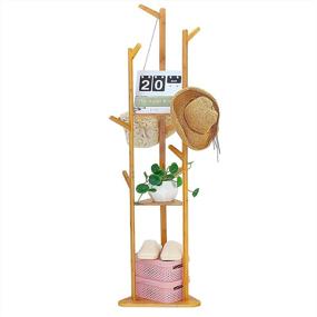 img 4 attached to Wisfor Bamboo Standing Coat Rack Tree with 3 Shelves and 10 Hooks, Freestanding Corner Clothes Stand Hat Tree Stand Cloth Hat Coat Rack Shelf, Height of 66.9 inches