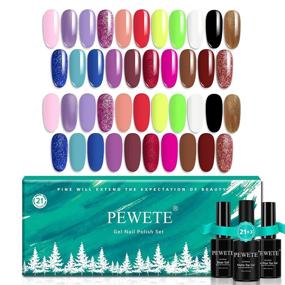 img 4 attached to PEWETE Gel Nail Polish Set - 21 Colors with Base Coat, No Wipe Glossy Top Coat, and Matte Top Coat - 24 Pcs Soak Off UV Gel - Purple, Yellow, Green, Blue, Brown, Black, White, Glitter - Nail Art Manicure