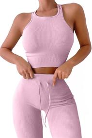 img 4 attached to 🔥 Stylish and Comfortable: QINSEN Seamless 2 Piece Ribbed Crop Tank and High Waist Yoga Leggings Set for Women