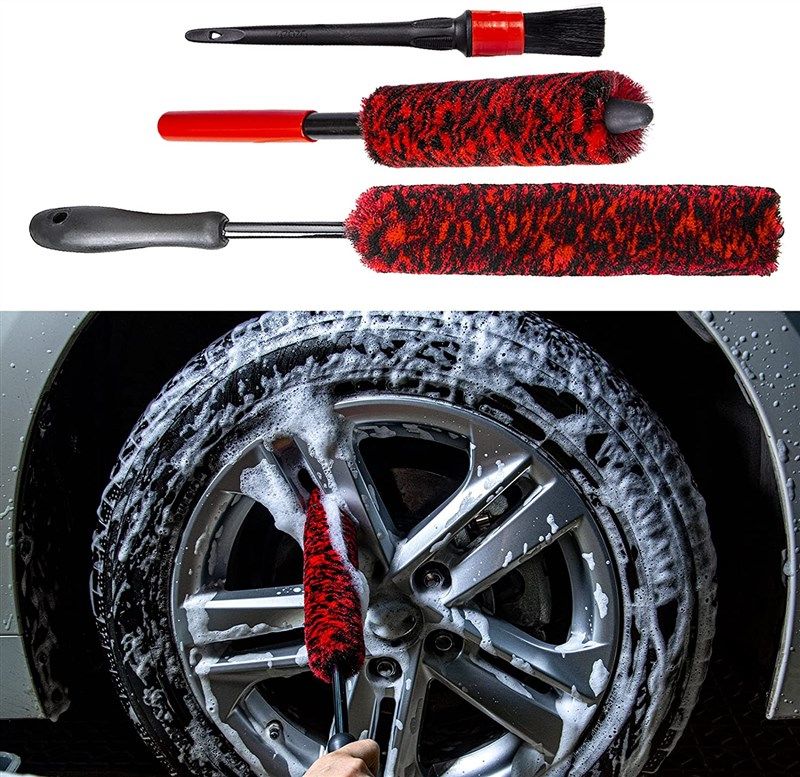 bzczh 3 Pcs Soft Wheel Brushes for Cleaning Wheels Kit - 1x Synthetic Soft Car Wheel Rim Brush,1x Long Handle Cleaning Brush and 1x Car Detail Brush