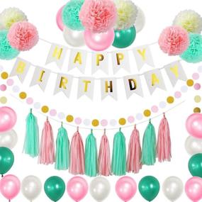 img 4 attached to 🎀 Complete Pink Mint Birthday Party Decor Pack - Happy Birthday Banner, Balloons, Pom Poms, Tassels, Paper Garland - Perfect for Girls Birthday, Baby Shower, Wedding, Bridal Shower