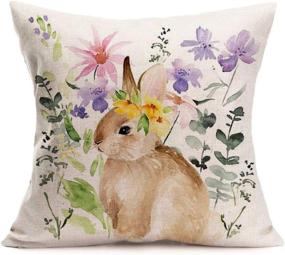 img 4 attached to 🌼 Asminifor Throw Pillow Covers with Colorful Spring Flowers and Grass Surrounding a Rabbit – Printed Decorative Pillow Case Cushion Cover for Home Decoration – Cotton Linen Pillowcases 18 x 18 Inch (Floral-Bunny)