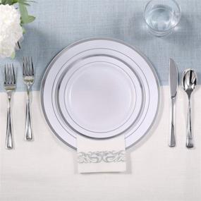 img 1 attached to 🍽️ FOCUSLINE 175 Piece Silver Dinnerware Set - Perfect for 25 Guests - Includes 50 Silver Rim Plastic Plates, 25 Silver Plastic Silverware, 25 Silver Plastic Cups, and 25 Linen Like Silver Paper Napkins - High-Quality Disposable Dinnerware Set