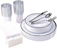 🍽️ focusline 175 piece silver dinnerware set - perfect for 25 guests - includes 50 silver rim plastic plates, 25 silver plastic silverware, 25 silver plastic cups, and 25 linen like silver paper napkins - high-quality disposable dinnerware set logo