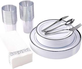 img 4 attached to 🍽️ FOCUSLINE 175 Piece Silver Dinnerware Set - Perfect for 25 Guests - Includes 50 Silver Rim Plastic Plates, 25 Silver Plastic Silverware, 25 Silver Plastic Cups, and 25 Linen Like Silver Paper Napkins - High-Quality Disposable Dinnerware Set