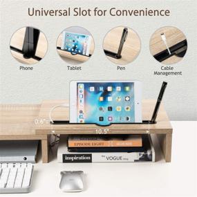 img 1 attached to 📺 LORYERGO Dual Monitor Riser Stand - 3 Shelf Screen Laptop Stand with Phone Storage Slots (Light Wood)
