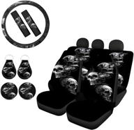 🚗 goyentu skull car seat covers set - 11 pack auto accessories with stretchy steering wheel cover, seat belt pads, car coasters, and auto keychains - universal fit for sedan, suv, van (black) logo