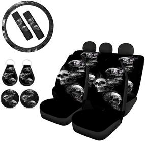 img 4 attached to 🚗 Goyentu Skull Car Seat Covers Set - 11 Pack Auto Accessories with Stretchy Steering Wheel Cover, Seat Belt Pads, Car Coasters, and Auto Keychains - Universal Fit for Sedan, SUV, Van (Black)