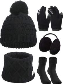 img 4 attached to 🧣 Winter Warm Knitted Hat Set for Girls - SATINIOR 5-Piece Toddler Cap with Ear Muffs, Gloves, and Socks