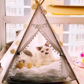 img 2 attached to 🏠 Portable White Pet Cat Dog Teepee Tent House Bed Set with Cushion and Blackboard, Removable & Washable, Creative-Idea Kitten Puppy Decoration, 60x50x50cm