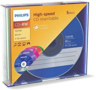 💿 5-pack philips cd-rw 80min blank discs in jewel case - 700mb, 4-12x speed logo