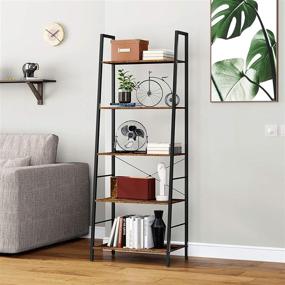 img 3 attached to 📚 Vintage Industrial 5-Tier Bookcase, Ladder-Shaped Open Etagere Bookshelf, Freestanding Display Storage Organizer, Tall Wood Shelving Unit for Living Room, Bedroom, Office by HOMEFORT