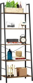 img 4 attached to 📚 Vintage Industrial 5-Tier Bookcase, Ladder-Shaped Open Etagere Bookshelf, Freestanding Display Storage Organizer, Tall Wood Shelving Unit for Living Room, Bedroom, Office by HOMEFORT