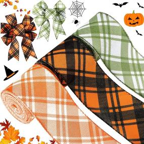 img 4 attached to 🍁 Set of 3 Rolls - 18 Yards Fall Plaid Wired Ribbon - 2.5 Inch Diagonal Plaid Ribbon - Perfect for Thanksgiving, Fall, Halloween, Christmas - Wired Edge Buffalo Check Ribbon - Ideal for Wreath Crafts and Wrapping Ribbon Bows