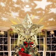 gold star christmas tree topper with 3d projector and led rotating flash xmas ornament light lamp - glitter sparkling yellow gold 5-point star decorative lights for indoor hollow decoration logo