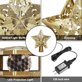 img 1 attached to Gold Star Christmas Tree Topper with 3D Projector and LED Rotating Flash Xmas Ornament Light Lamp - Glitter Sparkling Yellow Gold 5-Point Star Decorative Lights for Indoor Hollow Decoration