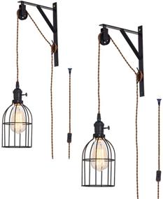 img 3 attached to 🔌 SEEBLEN Vintage Industrial Pulley Wall Pendant Lamp Set with 15-Foot Brown Plug and Switch – Farmhouse Vintage Design, 2-Pack