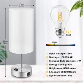 img 3 attached to 🏮 Pair of 2 White Touch Control Table Lamps, 3-Way Dimmable Nightstand Lamps with Dual USB Ports & AC Outlet, Fabric Round Bedside Table Lamps for Bedroom Living Room Desk, Silver Base, Warm White Bulbs Included