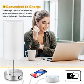 img 1 attached to 🏮 Pair of 2 White Touch Control Table Lamps, 3-Way Dimmable Nightstand Lamps with Dual USB Ports & AC Outlet, Fabric Round Bedside Table Lamps for Bedroom Living Room Desk, Silver Base, Warm White Bulbs Included