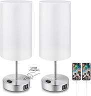 🏮 pair of 2 white touch control table lamps, 3-way dimmable nightstand lamps with dual usb ports & ac outlet, fabric round bedside table lamps for bedroom living room desk, silver base, warm white bulbs included логотип