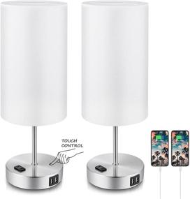 img 4 attached to 🏮 Pair of 2 White Touch Control Table Lamps, 3-Way Dimmable Nightstand Lamps with Dual USB Ports & AC Outlet, Fabric Round Bedside Table Lamps for Bedroom Living Room Desk, Silver Base, Warm White Bulbs Included