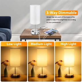 img 2 attached to 🏮 Pair of 2 White Touch Control Table Lamps, 3-Way Dimmable Nightstand Lamps with Dual USB Ports & AC Outlet, Fabric Round Bedside Table Lamps for Bedroom Living Room Desk, Silver Base, Warm White Bulbs Included