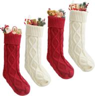🎄 large cable knitted christmas stockings: 4-pack, 18 inches, ivory white and burgundy - ideal for family, kids, holiday decorations, xmas party gifts логотип