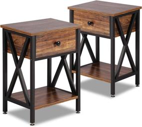 img 4 attached to VECELO Vintage Brown Nightstands Set of 2 - Modern X-Design Side End Table with Storage Shelf, Bin Drawer for Living Room Bedroom
