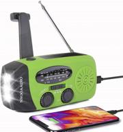 green emergency weather radio 1200mah - hand crank, solar & battery operated, 3led flashlight, noaa am fm portable radio with cell phone charger - survival kit logo