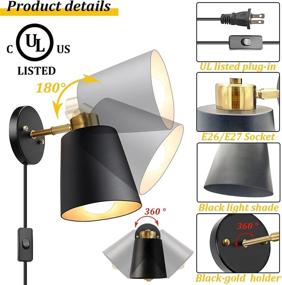 img 2 attached to 🕰️ Vintage Swing Arm Wall Sconces Set of 2 - Industrial Black Metal Wall Mounted Lamps with On/Off Switch - Perfect Bedroom Reading Lights - E26 Base