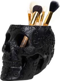 img 4 attached to 🎃 Strikingly Spooky Skull Makeup Brush and Pen Holder - Extra Large Halloween Edition by The Wine Savant (Black)