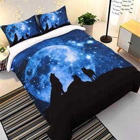 img 3 attached to 🐺 Wolf Duvet Cover Set Queen: Galaxy Wolf Comfort + Animal Moon Pattern Bedding, 3 Pcs (1 Duvet Cover, 2 Pillowcases) - Soft Microfiber with Zipper Closure - Blue, 90"x90