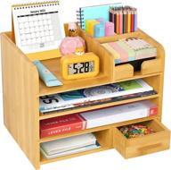 🎍 bamboo desk organizer with drawer storage: 4-tiers wooden desktop organizer for efficient desk organization, document letter tray, mail sorter, and pen holder with 9 storage compartments - ideal for desk accessories & office supplies логотип