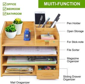 img 2 attached to 🎍 Bamboo Desk Organizer with Drawer Storage: 4-Tiers Wooden Desktop Organizer for Efficient Desk Organization, Document Letter Tray, Mail Sorter, and Pen Holder with 9 Storage Compartments - Ideal for Desk Accessories & Office Supplies